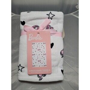 🌷 New 2 Pretty Barbie Doll Bath Terrycloth Hand Towels Stars Logo White